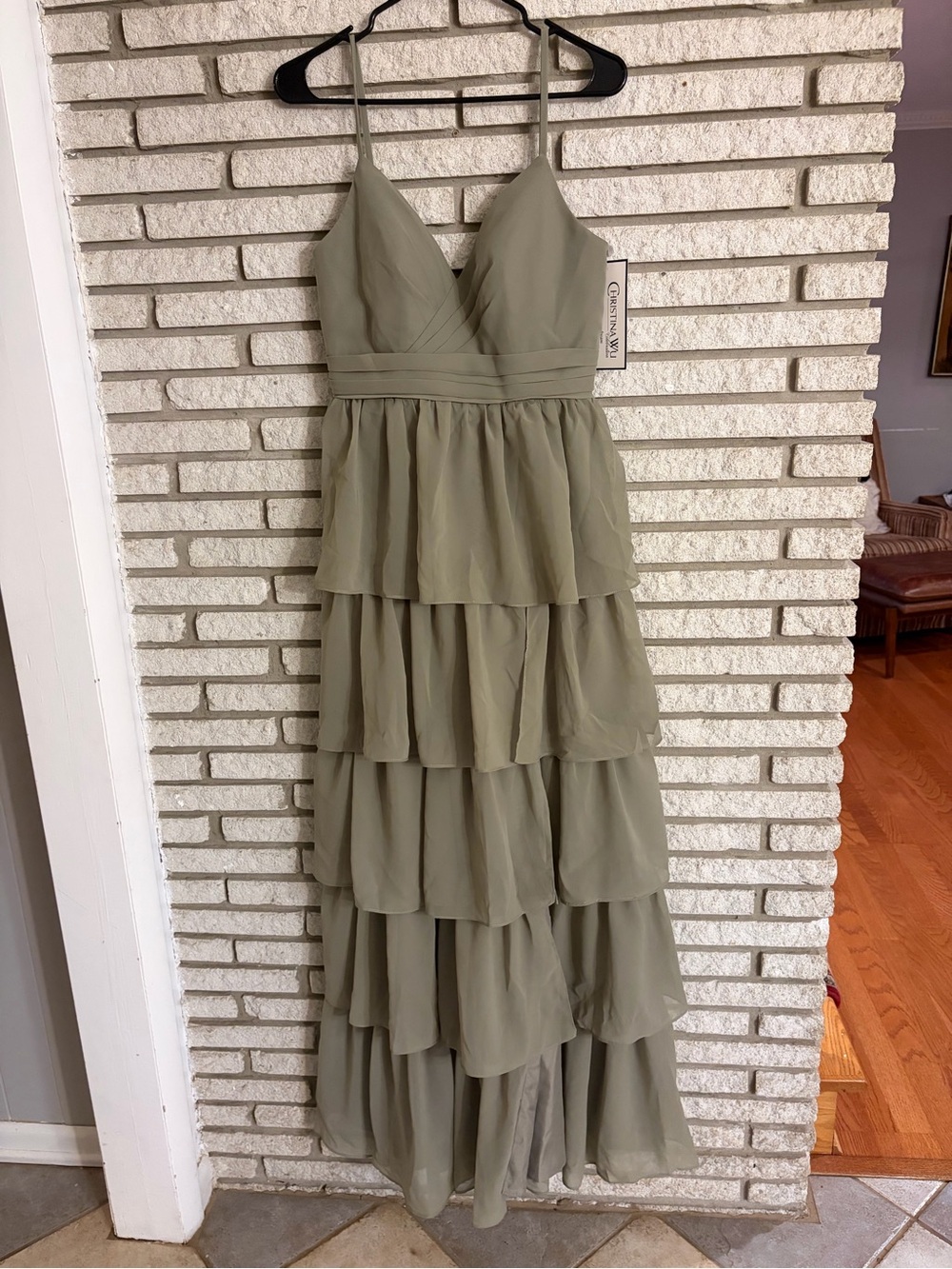 NWT Christina Wu Sage Tiered Maxi Dress with Spaghetti Straps bridesmaid formal